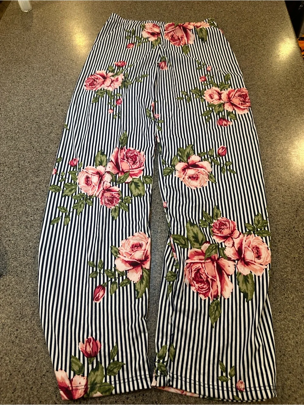 Brooks Navy & White Striped Wide-Leg Pants with Pink Rose Print